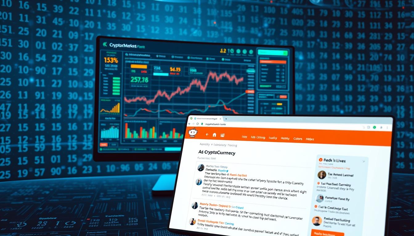 A high-tech digital landscape with a central focus on a large computer monitor displaying a comprehensive cryptocurrency market analysis. The monitor is surrounded by a futuristic interface with various technical charts, graphs, and data visualizations. In the foreground, a Reddit web page is open, showcasing active discussions and user comments about the latest cryptocurrency trends. The background is filled with a subtle grid of numbers, symbols, and digital code, creating a sense of depth and technological sophistication. The lighting is cool and muted, with a slightly blue-tinted hue, reflecting the analytical and informative nature of the scene. The overall composition conveys the fusion of cryptocurrency analysis and the vibrant Reddit community.