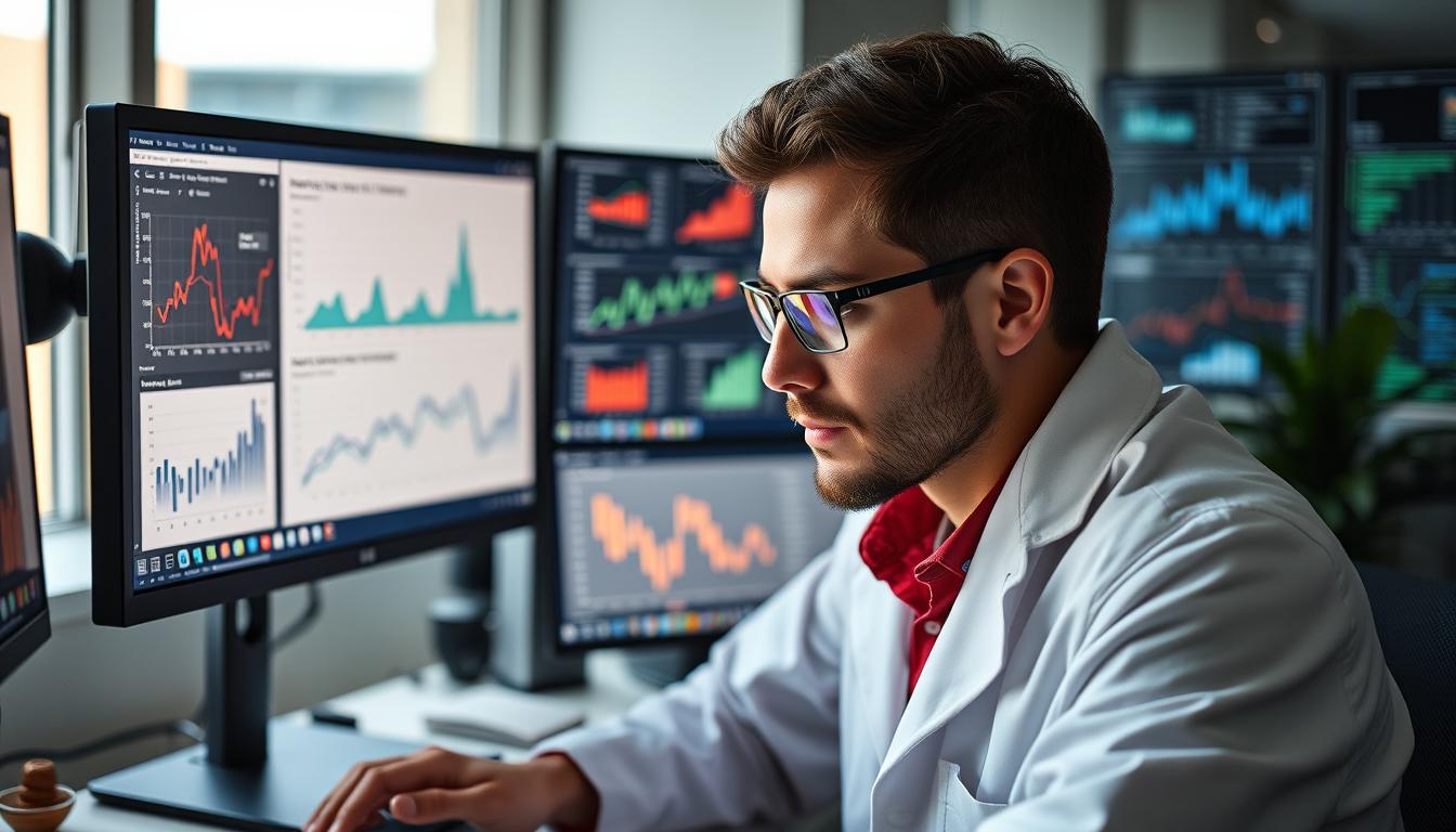 Image of a data scientist working on a project with various data analytics tools on their computer.