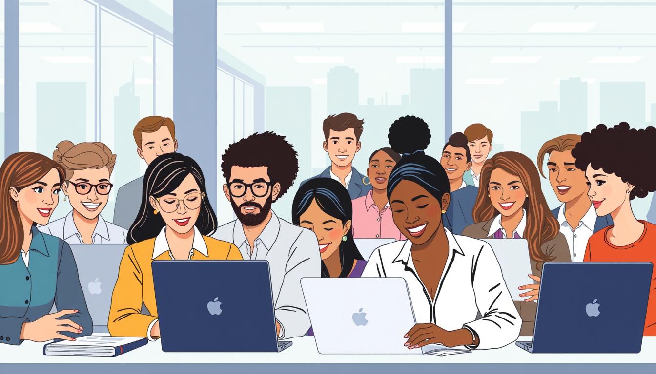 Image of a diverse group of professionals engaging in online learning