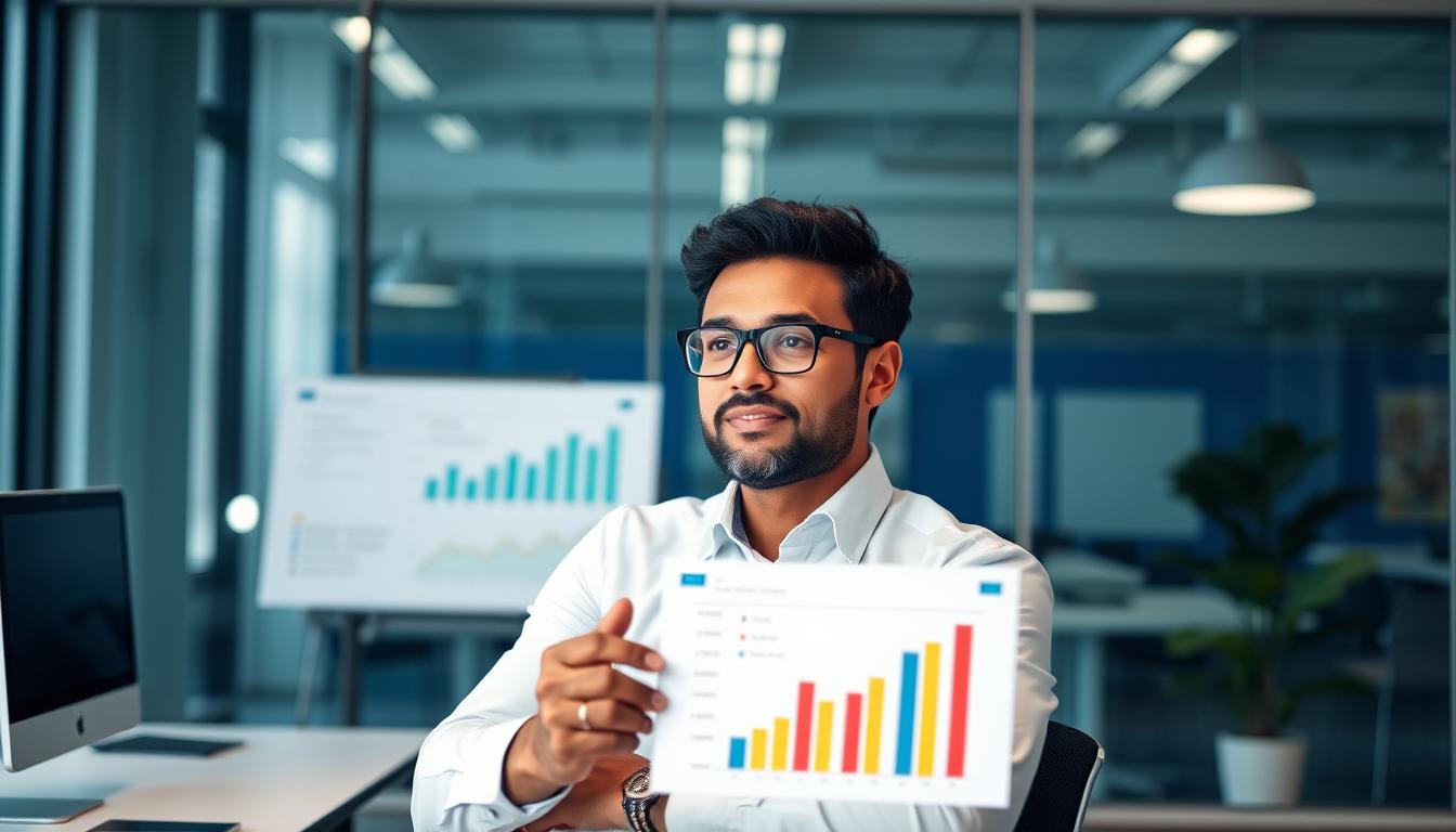 Generate an image of a person working on a presentation using a data analysis PowerPoint template.