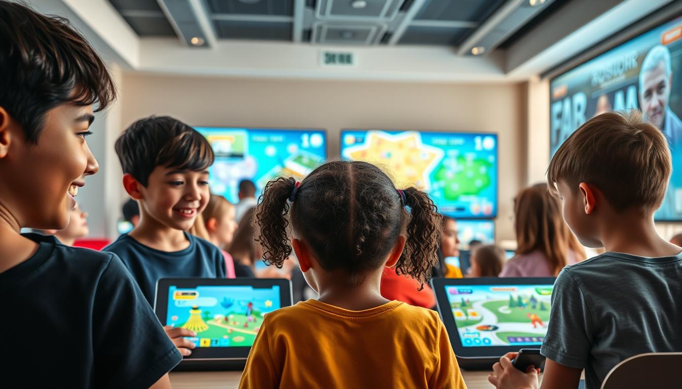 A vibrant and engaging scene depicting the world of online learning games. In the foreground, a group of diverse students of varying ages are immersed in captivating digital experiences, their faces alight with excitement and wonder. The middle ground features a variety of educational game interfaces, showcasing interactive elements, colorful graphics, and immersive gameplay. In the background, a sleek and modern technology-infused classroom setting, with large screens, virtual whiteboards, and a sense of innovation and collaboration. The overall atmosphere is one of discovery, learning, and the seamless integration of technology and education, conveying the effectiveness of online learning games as valuable educational tools.