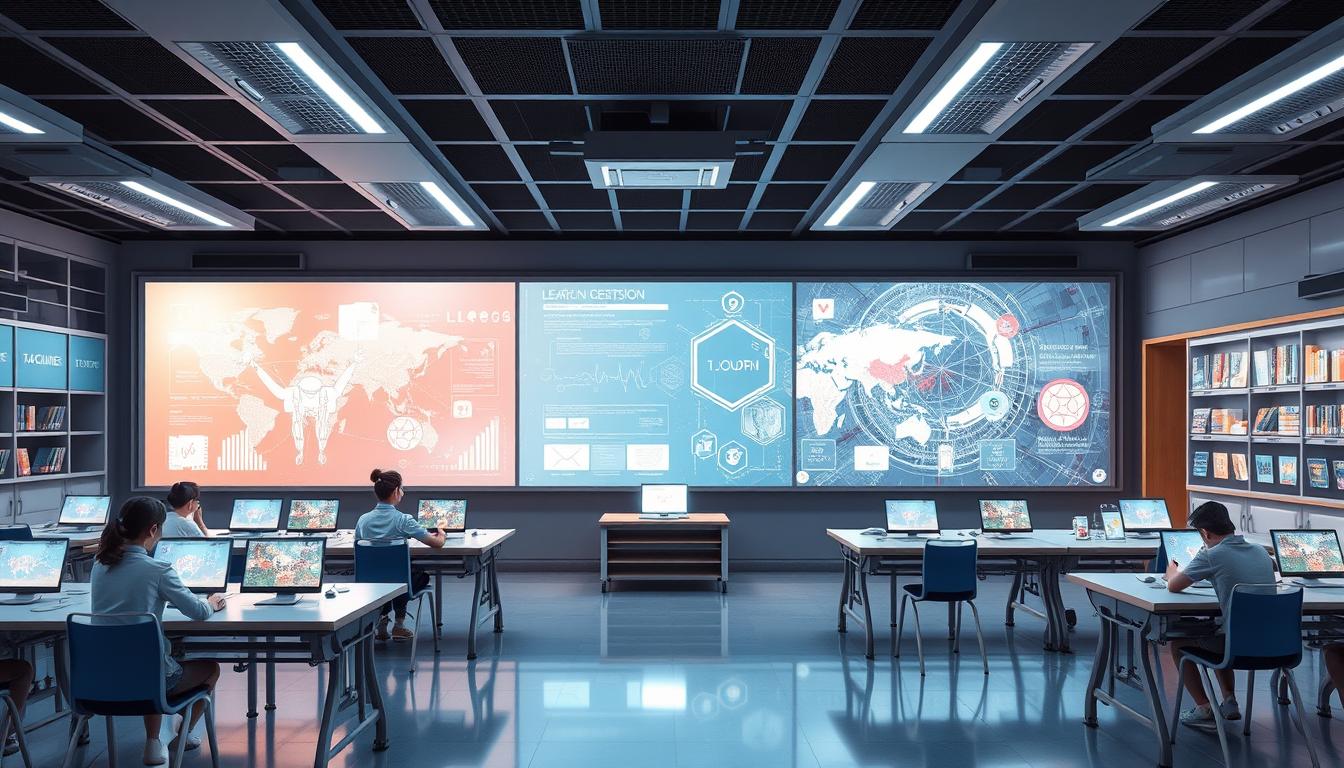Image of a futuristic classroom with AI-powered learning tools and resources