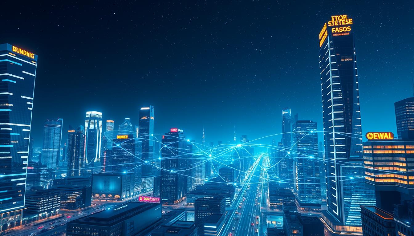 A futuristic cityscape at night, with gleaming skyscrapers and neon-lit streets. In the foreground, a holographic display showcases a digital cryptocurrency network, with data streams and transaction flows visualized in a mesmerizing display. The background is dominated by a vast, starry sky, hinting at the global, decentralized nature of cryptocurrency. The scene is bathed in a cool, blue-tinted lighting, creating a sense of technological innovation and progress. The overall atmosphere is one of excitement and possibility, capturing the spirit of the cryptocurrency revolution.