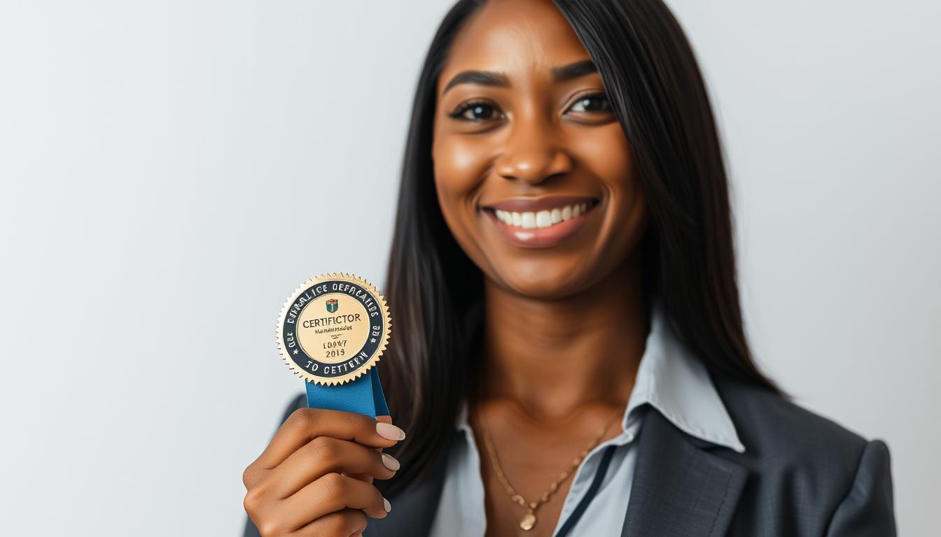 Image of a person holding a certification badge