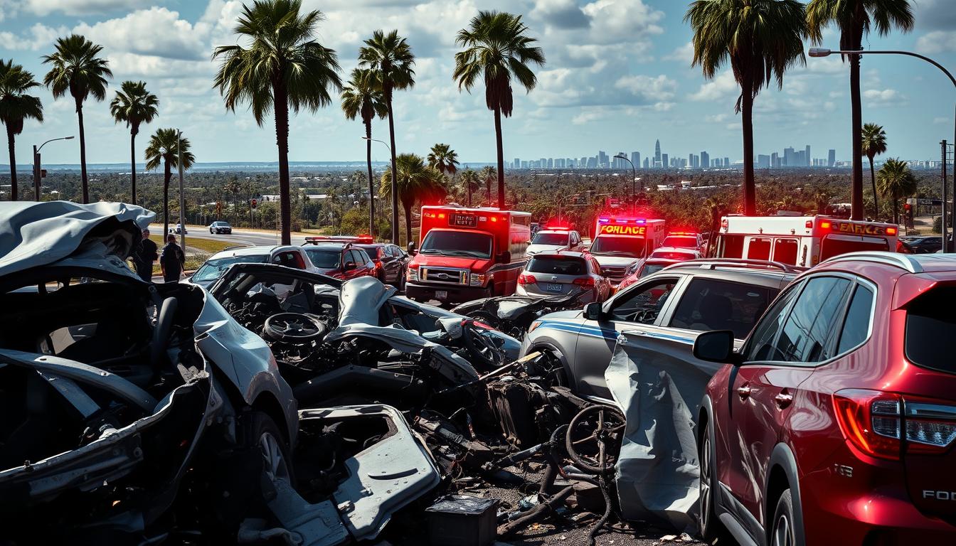 A chaotic scene of car accidents on the bustling streets of Florida. In the foreground, a twisted tangle of crumpled vehicles, their metal frames glistening under the harsh sunlight. Debris and shattered glass litter the road, creating a sense of urgency and chaos. In the middle ground, emergency vehicles with flashing lights converge, their sirens wailing as paramedics rush to provide aid. In the background, a panoramic view of the Florida landscape, with towering palm trees and the distant skyline, creating a stark contrast between the serene and the calamitous. The overall atmosphere is one of urgency, danger, and the unpredictability of the Florida roads.