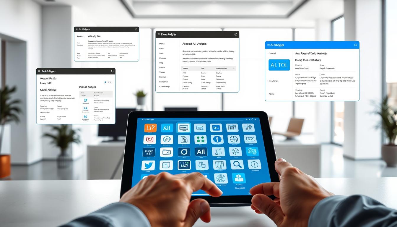 A brightly lit, high-contrast scene depicting a thoughtful decision-making process for selecting a data analysis AI tool. In the foreground, a person sits at a desk, hands on a tablet displaying a variety of AI tool icons. In the middle ground, floating windows show detailed information and comparisons of different AI analysis tools. The background features a clean, minimalist office environment with large windows letting in natural light. The overall mood is one of focus, efficiency, and the careful consideration of options to find the best data analysis solution.