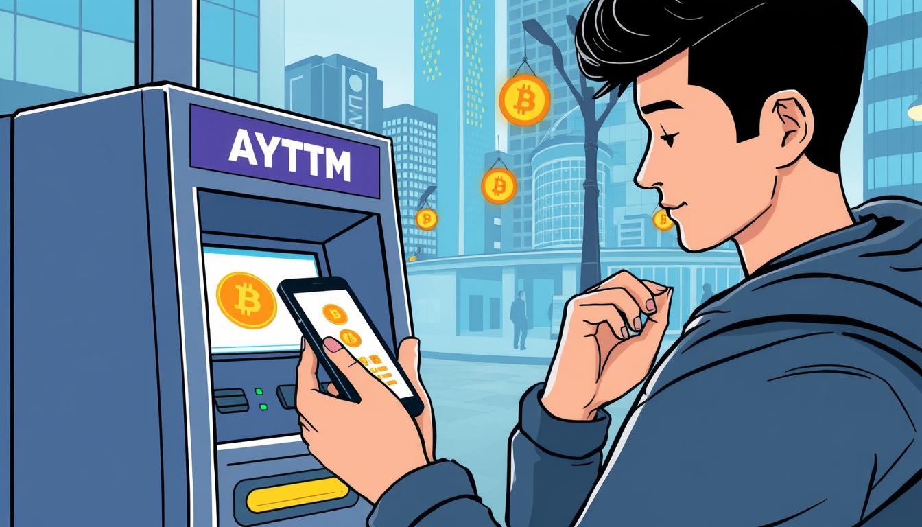 Image of a person setting up a crypto wallet on their smartphone next to a cryptocurrency ATM.