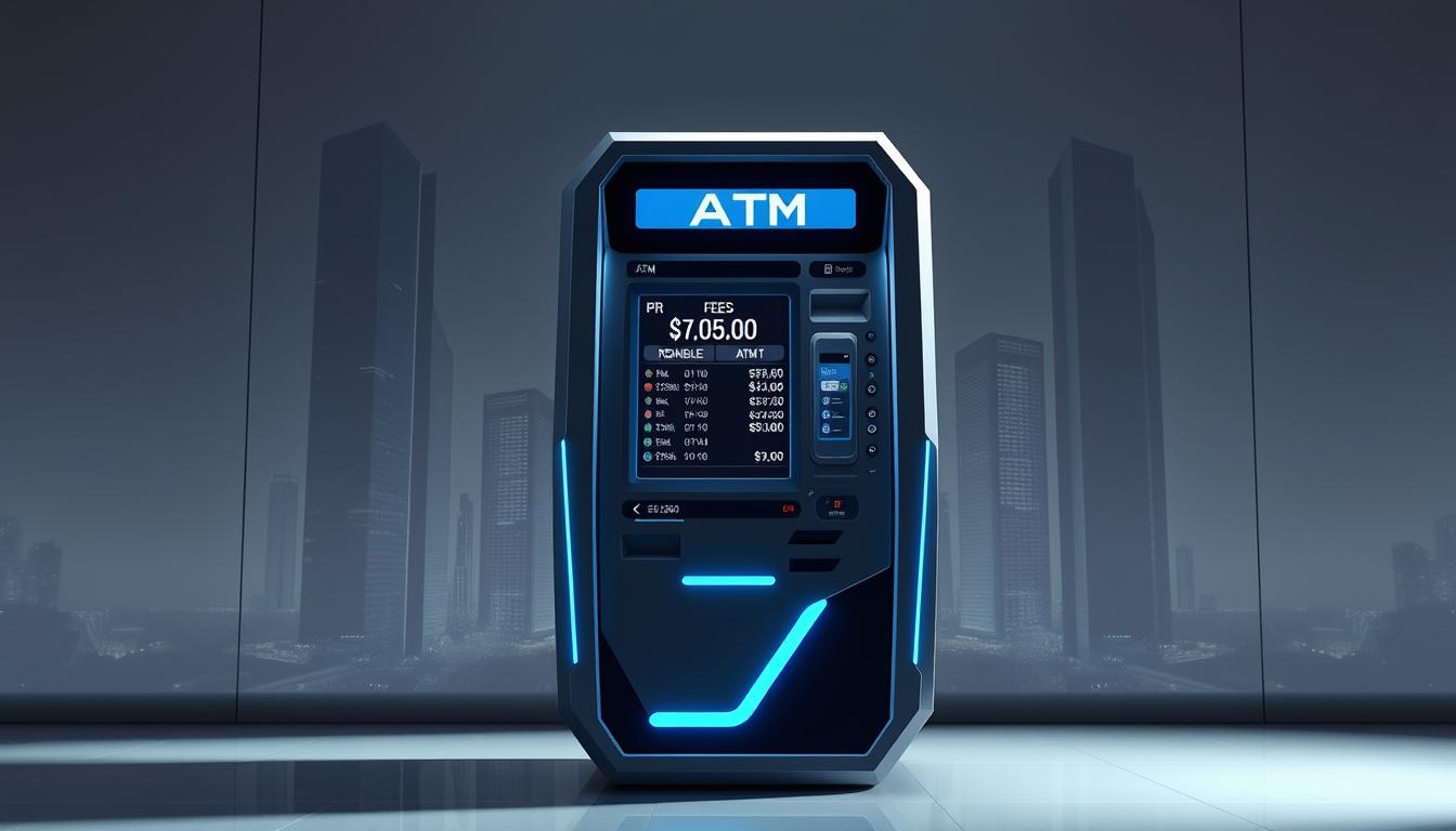 A futuristic cryptocurrency ATM set against a sleek, minimalist backdrop. In the foreground, the ATM's display showcases a detailed breakdown of the transaction fees, prominently featuring the percentages and dollar amounts. The middle ground captures the ATM's modern, angular design, with glowing blue accents and a touchscreen interface. In the background, a cityscape of tall, glass-clad buildings creates a sense of an advanced, technologically-driven environment. Bright, directional lighting casts dramatic shadows, emphasizing the ATM's features and the overall sense of sophistication and precision associated with cryptocurrency transactions.