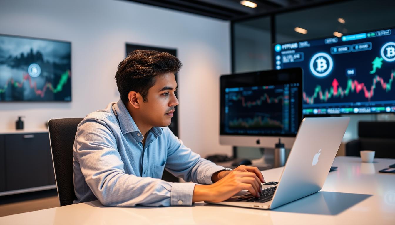 Image of a person using a laptop to access a cryptocurrency exchange website