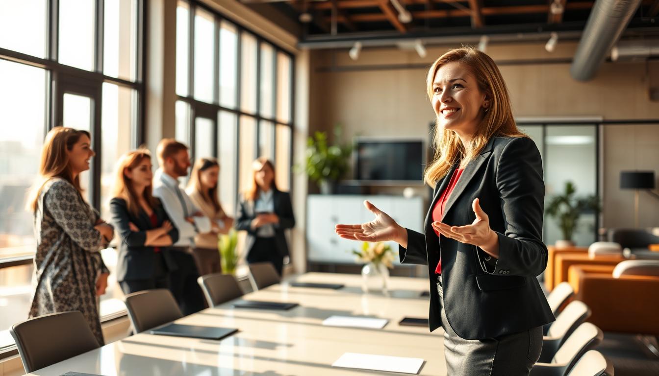 A bustling office setting, flooded with warm, natural lighting that filters through large windows. In the foreground, a confident, poised woman stands at the head of a conference table, gesturing animatedly as she addresses a group of colleagues. Her business attire is polished and tailored, conveying a sense of authority and expertise. The middle ground features additional team members, engaged in discussion, their expressions reflecting a collaborative, supportive environment. In the background, the office decor is modern and minimalist, with sleek furniture and decor that accentuates the professional, yet inviting atmosphere. The overall scene radiates a mood of success, ambition, and empowered female leadership.