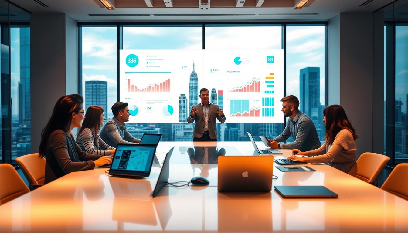 A modern office interior with a large window overlooking a bustling city skyline. In the foreground, a team of business analysts huddle around a sleek, minimalist conference table, their laptops and dashboards illuminated by warm, indirect lighting. Vibrant data visualizations and charts are projected onto a seamless wall display, casting a glow across their focused expressions. In the middle ground, a team member gestures animatedly, explaining insights gleaned from the analytics. The background features sleek, geometric architectural elements that complement the clean, contemporary aesthetic. An atmosphere of collaborative innovation and transformative decision-making permeates the scene.