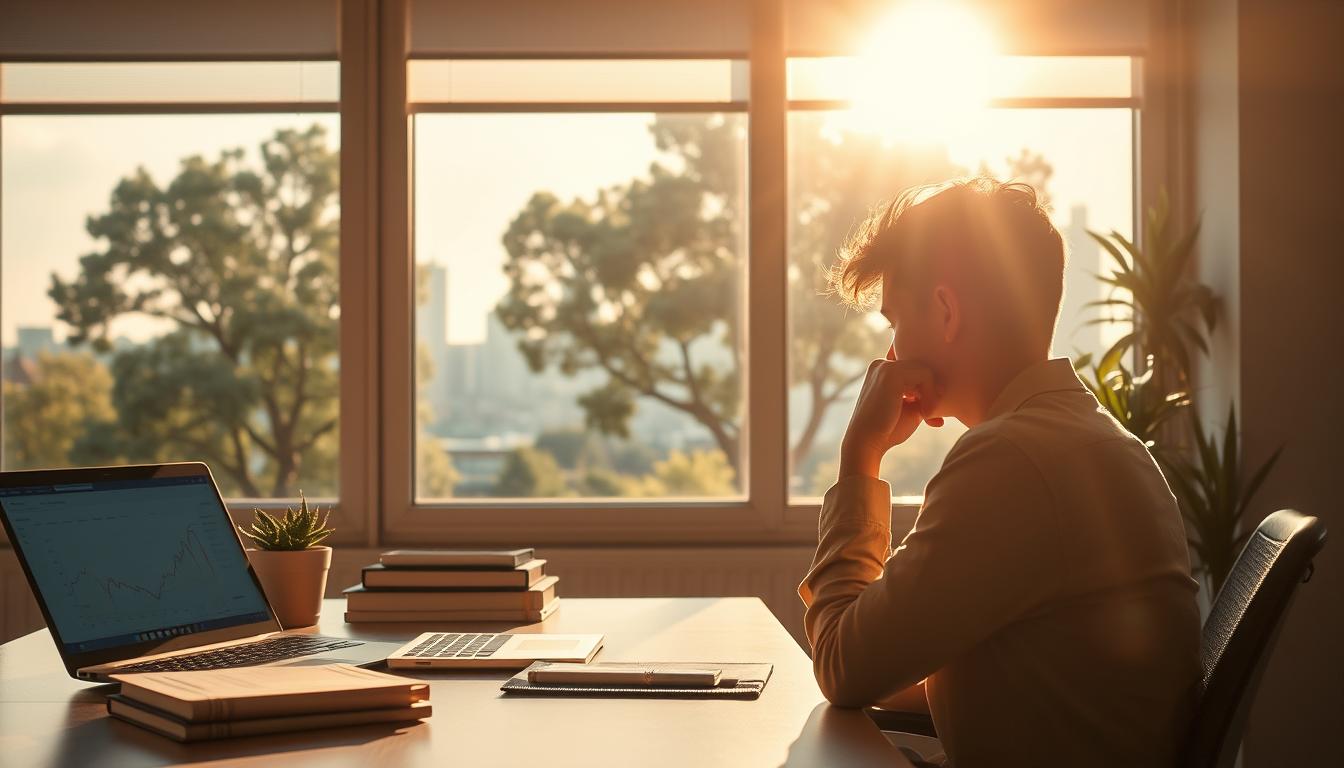 A sun-dappled office setting, with a desk displaying a laptop, books, and a potted plant. The foreground features a person sitting at the desk, deep in contemplation, their face partially obscured by their hand. The middle ground reveals a large window overlooking a cityscape, the skyline framed by trees in the background. The lighting is soft and warm, creating a serene and thoughtful atmosphere. The image conveys the idea of ethical data analysis, where the researcher is carefully considering the implications and impact of their work.