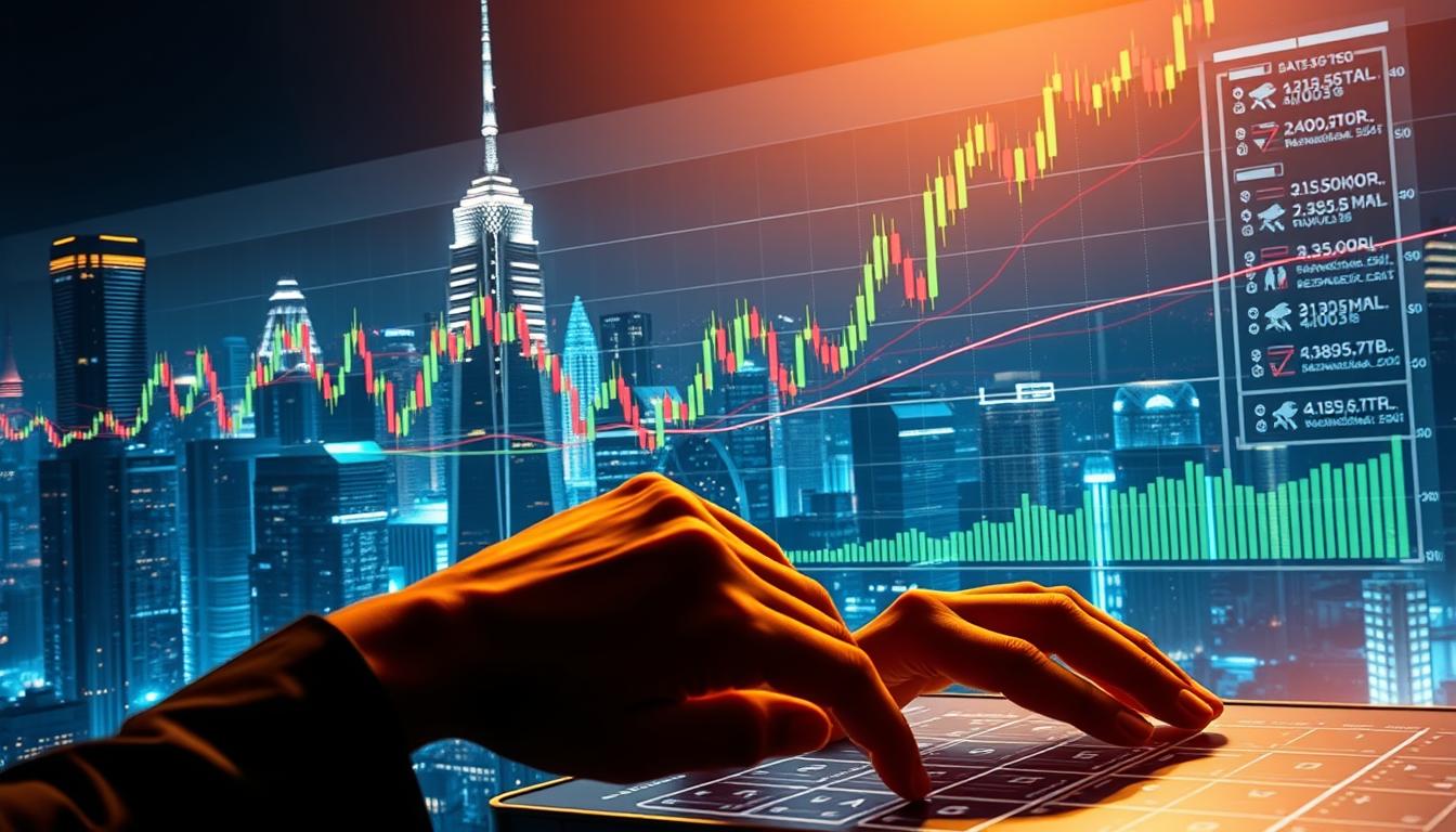 A vibrant and dynamic cryptocurrency trading chart projected against a futuristic cityscape, with skyscrapers and digital displays illuminating the night sky. The chart features candlestick patterns, moving averages, and other technical indicators, showcasing the complexities of cryptocurrency trading strategies. The scene is lit by a warm, golden glow, creating a sense of energy and urgency. In the foreground, a trader's hands are poised over a sleek, holographic trading interface, reflecting the high-tech nature of modern cryptocurrency markets.