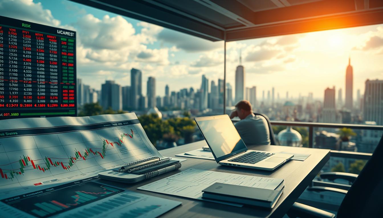 A detailed landscape depicting risk management techniques in the context of online trading. The foreground features a financial chart, stock tickers, and analytical tools on a desk with a laptop. The middle ground shows a person reviewing data and making decisions. The background depicts a cityscape with skyscrapers, representing the broader financial markets. The scene is illuminated by a warm, natural light, creating a sense of focus and contemplation. The overall mood conveys the importance of thoughtful risk management in successful online trading.