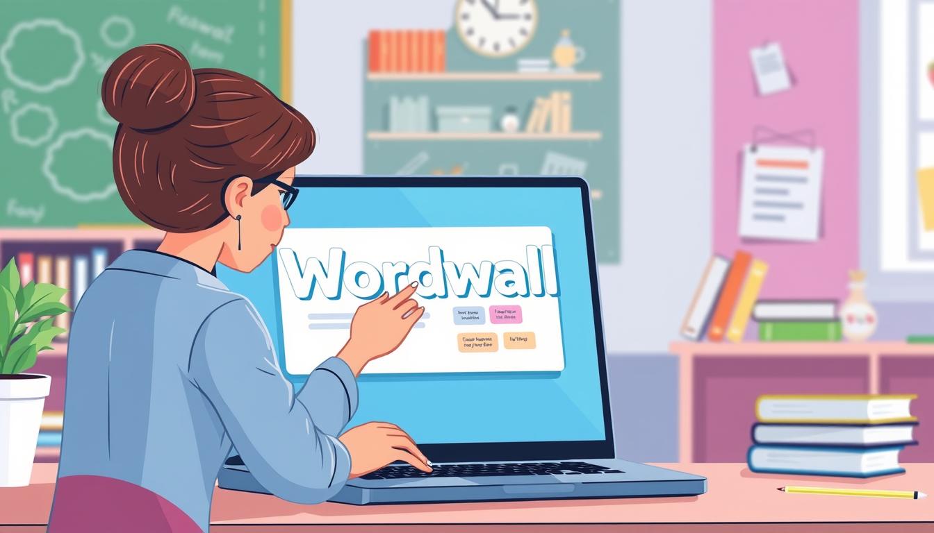 Generate an image of a teacher creating a Wordwall activity on a computer.
