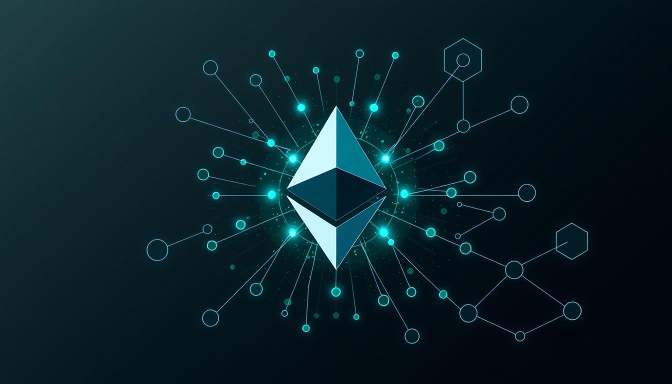 Generate an image of Ethereum's logo alongside a representation of its smart contract ecosystem.