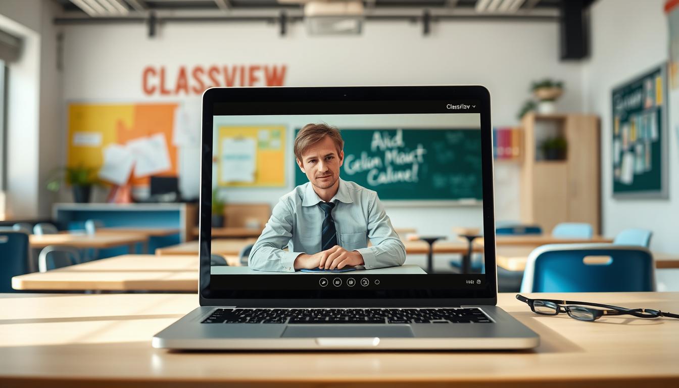 Generate an image of a teacher using ClassView Pro on a laptop.
