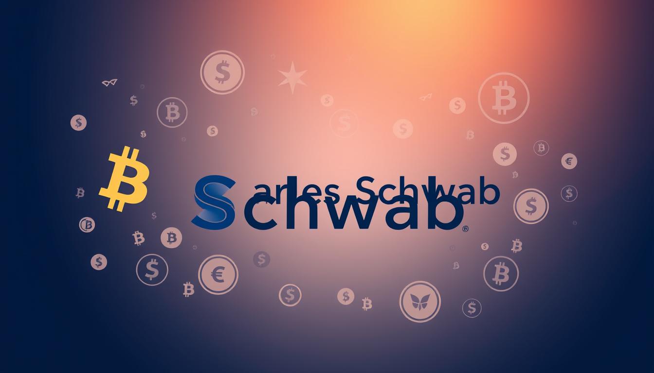 Image of Charles Schwab logo with cryptocurrency symbols