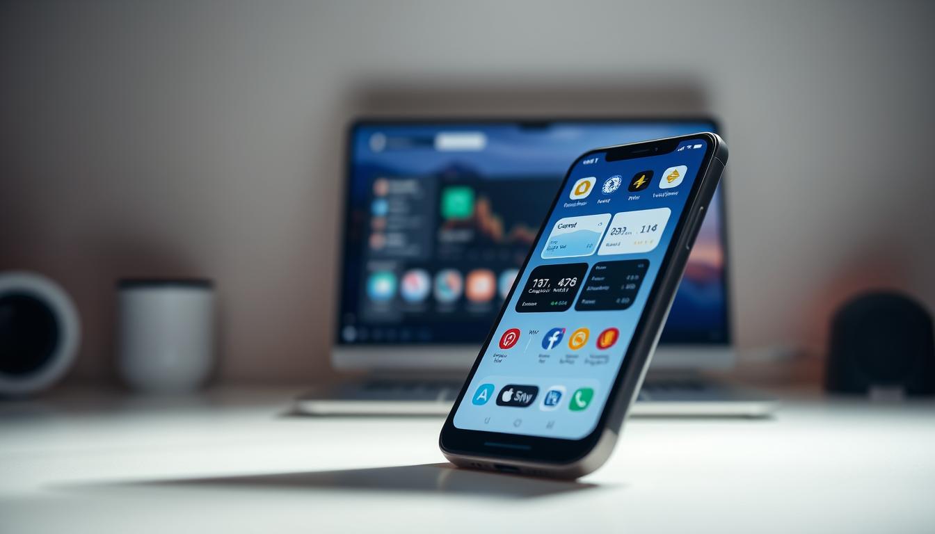 A well-lit, immersive scene showcasing various cryptocurrency apps on a sleek, modern smartphone screen. The foreground features the smartphone in a slightly angled, perspective view, with the app icons and interfaces displayed prominently. The middle ground includes a clean, minimalist desktop environment, with a neutral-toned background that emphasizes the technology and digital nature of the scene. Soft, directional lighting creates depth and highlights the app details, while a shallow depth of field keeps the focus on the central smartphone. The overall mood is one of sophistication, clarity, and the empowering potential of cryptocurrency apps to manage digital assets.