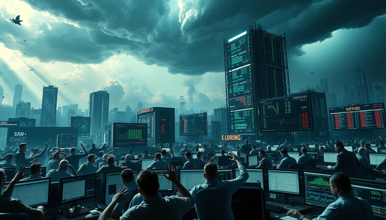 A turbulent financial landscape, with aggressive price fluctuations in a digital currency exchange. In the foreground, a frenzied trading floor with traders frantically gesturing and monitoring multiple screens displaying real-time data. The middle ground features a towering digital financial infrastructure, with servers and visualization dashboards pulsing with activity. In the background, an ominous storm of uncertainty looms, casting dramatic shadows and highlighting the volatility and risk inherent in the cryptocurrency market. Dramatic lighting, with shafts of light piercing the scene, creates a sense of tension and urgency. Cinematic camera angles and a gritty, realistic visual style convey the high-stakes nature of this rapidly evolving financial ecosystem.