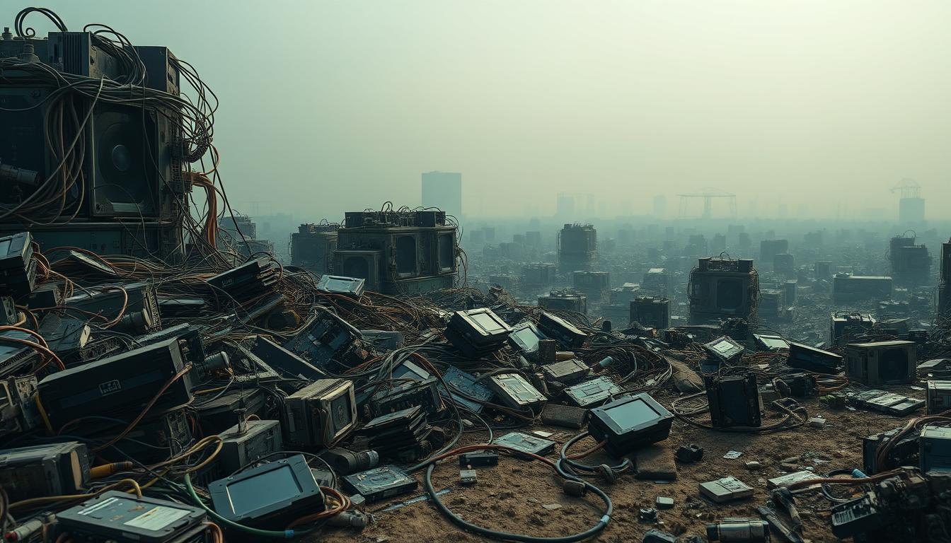 A sprawling landscape of discarded mining rigs, circuit boards, and tangled wires, bathed in an eerie, sickly glow. In the foreground, a jumble of outdated GPUs and ASICs litter the ground, their once-promising potential now reduced to electronic waste. The middle ground reveals the remnants of hastily assembled mining farms, their servers and cooling systems left to decay, a testament to the unsustainable nature of the crypto mining industry. In the distance, a hazy, polluted horizon looms, the result of the immense energy consumption and electronic waste generated by the insatiable demand for cryptocurrencies. The scene conveys a sense of cautionary tale, a warning about the environmental impact and the need for more sustainable practices in the world of crypto mining.