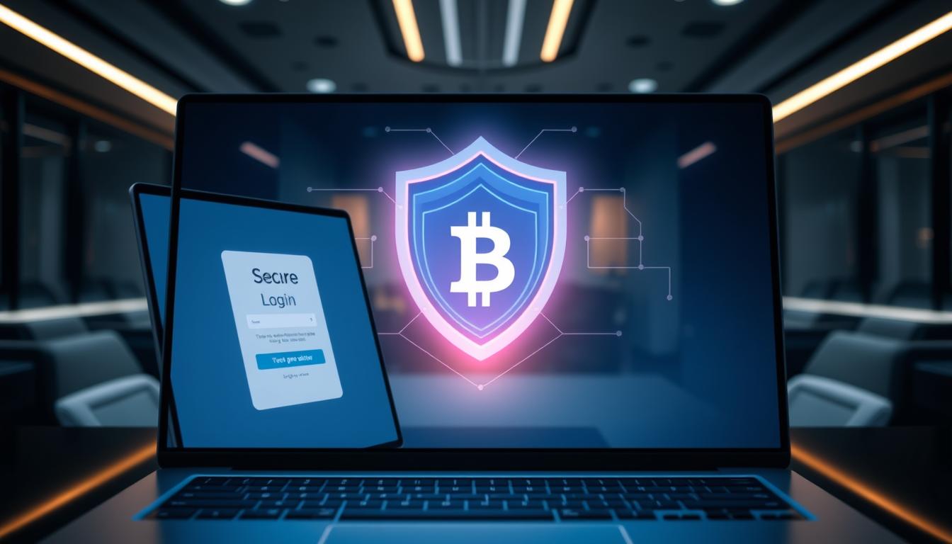 Detailed cybersecurity scene depicting best practices for cryptocurrency exchange users. In the foreground, a laptop displaying a secure login screen, with two-factor authentication prompts. In the middle ground, a stylized cryptocurrency logo surrounded by a protective digital shield. In the background, a sleek, modern office setting with subtle lighting and a futuristic aesthetic. The overall mood is one of technological sophistication and robust security measures, instilling a sense of trust and confidence in the cryptocurrency exchange platform.