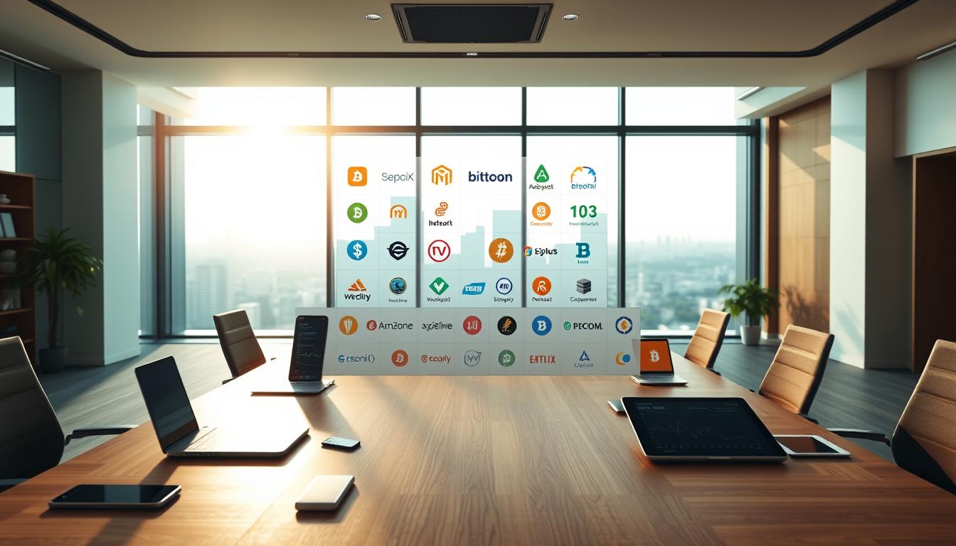 A well-lit, modern office setting with a large wooden desk in the foreground, displaying various mobile devices, laptops, and financial charts. In the middle ground, a series of cryptocurrency exchange logos arranged in a grid, allowing for easy comparison. The background features a sleek, minimalist wall with a large window overlooking a cityscape, bathed in warm, natural lighting. The overall atmosphere conveys a sense of professionalism, technology, and financial decision-making.