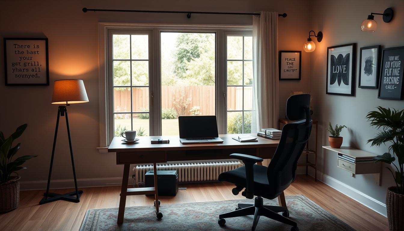 A cozy, well-lit home office with a large wooden desk, a comfortable ergonomic chair, and a large window overlooking a serene garden. On the desk, a laptop, a cup of steaming coffee, and a stack of books. The walls are adorned with motivational quotes and artwork, creating a inspirational atmosphere. Soft, indirect lighting from a floor lamp and sconces casts a warm glow, enhancing the focus and productivity of the space. The overall scene conveys a sense of calm, concentration, and an ideal environment for deep, effective learning.