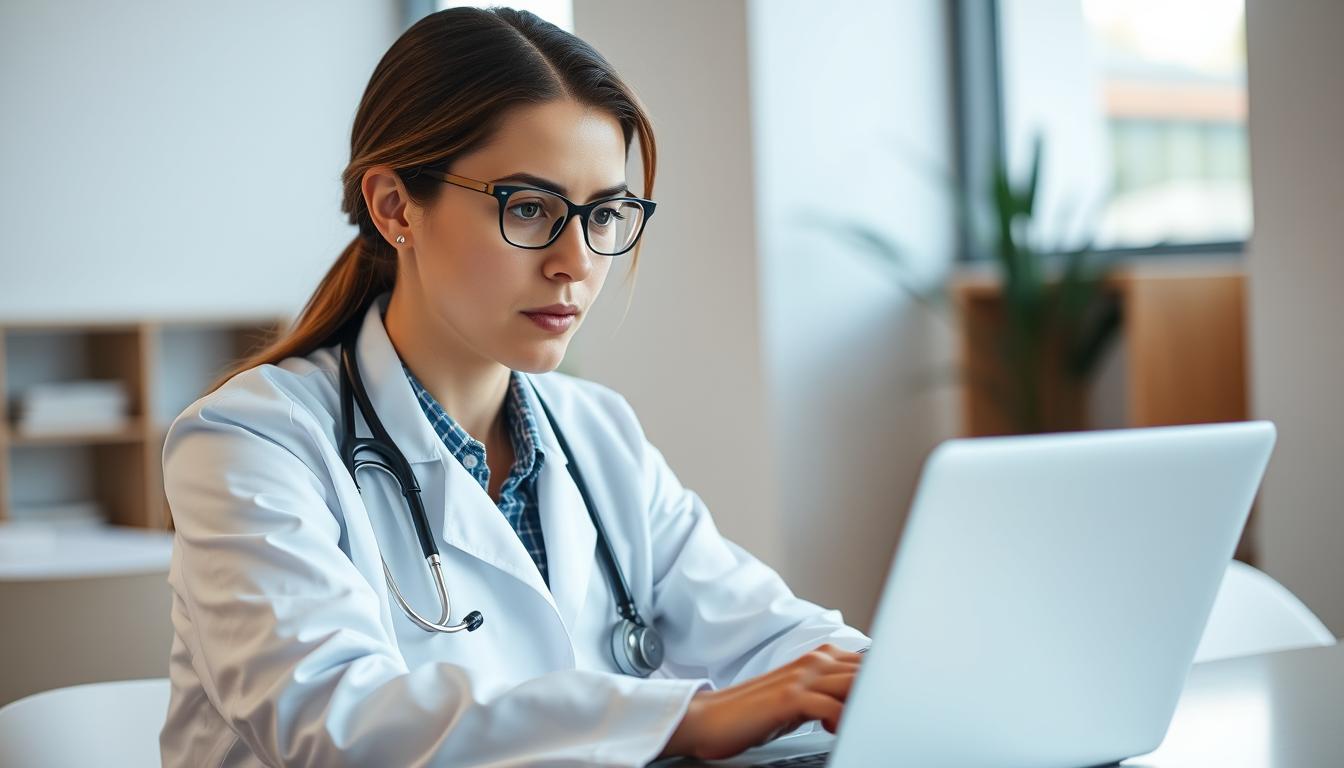 A healthcare professional, dressed in a crisp white coat, intently focused on a laptop screen, surrounded by a modern, minimalist office setting with clean lines and natural lighting. The professional's expression conveys a sense of deep concentration and curiosity as they navigate an online learning platform, eager to expand their knowledge and skills. The scene captures the essence of continuous education and personal growth within the healthcare field.
