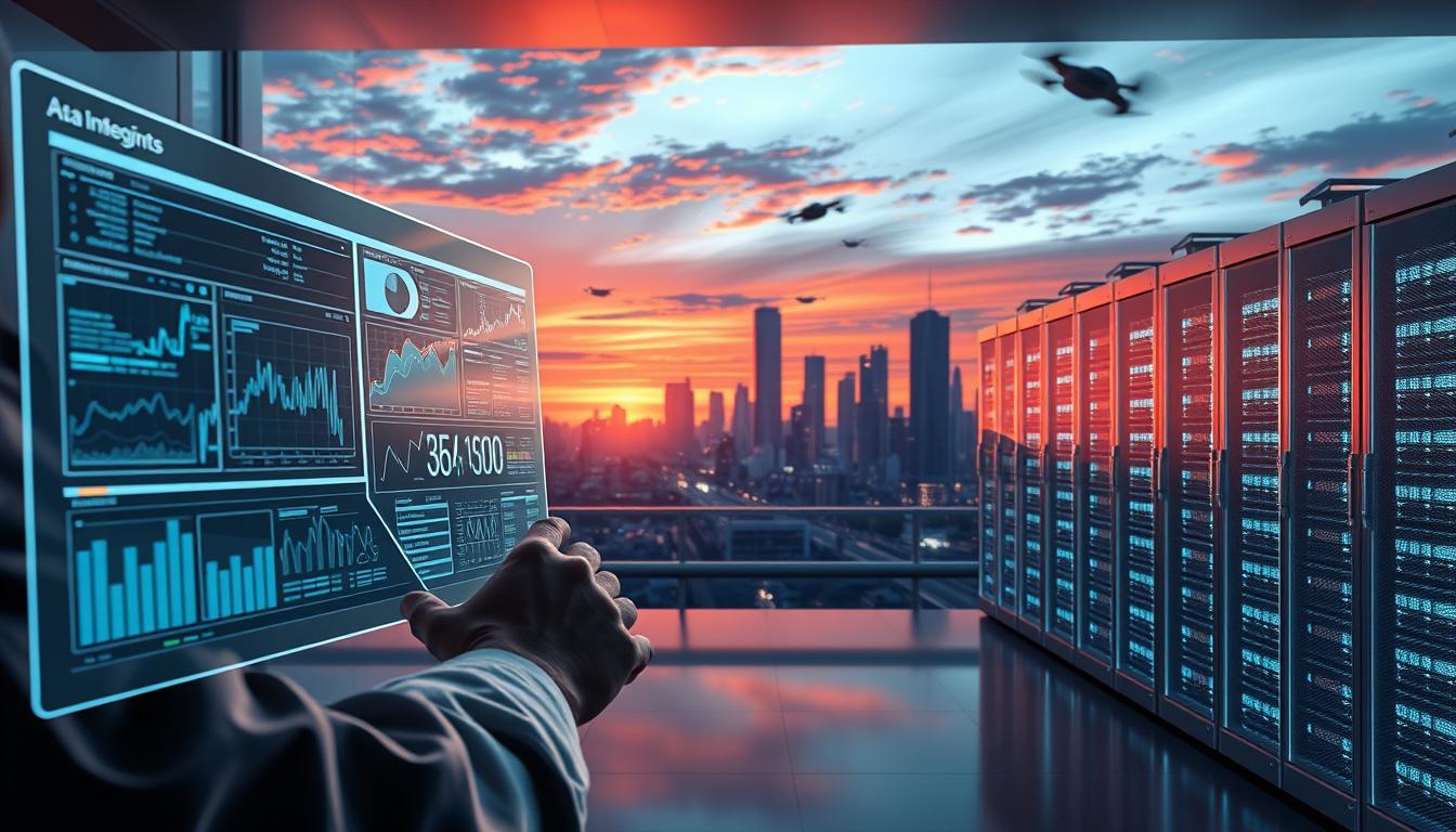 A highly detailed, photorealistic illustration of an AI-powered data analysis workflow. In the foreground, a futuristic holographic dashboard displays interactive visualizations and insights, operated by the hands of a data scientist in a minimalist, chrome-accented workspace. In the middle ground, a cluster of high-performance server racks hums with activity, their LED lights casting a soft, ambient glow. The background features a panoramic cityscape, with skyscrapers and hover-cars silhouetted against a vibrant, sunset-painted sky. Lighting is dramatic, with strong shadows and highlights, creating a sense of depth and technical sophistication. The overall atmosphere is one of cutting-edge innovation, efficiency, and the seamless integration of human and artificial intelligence.