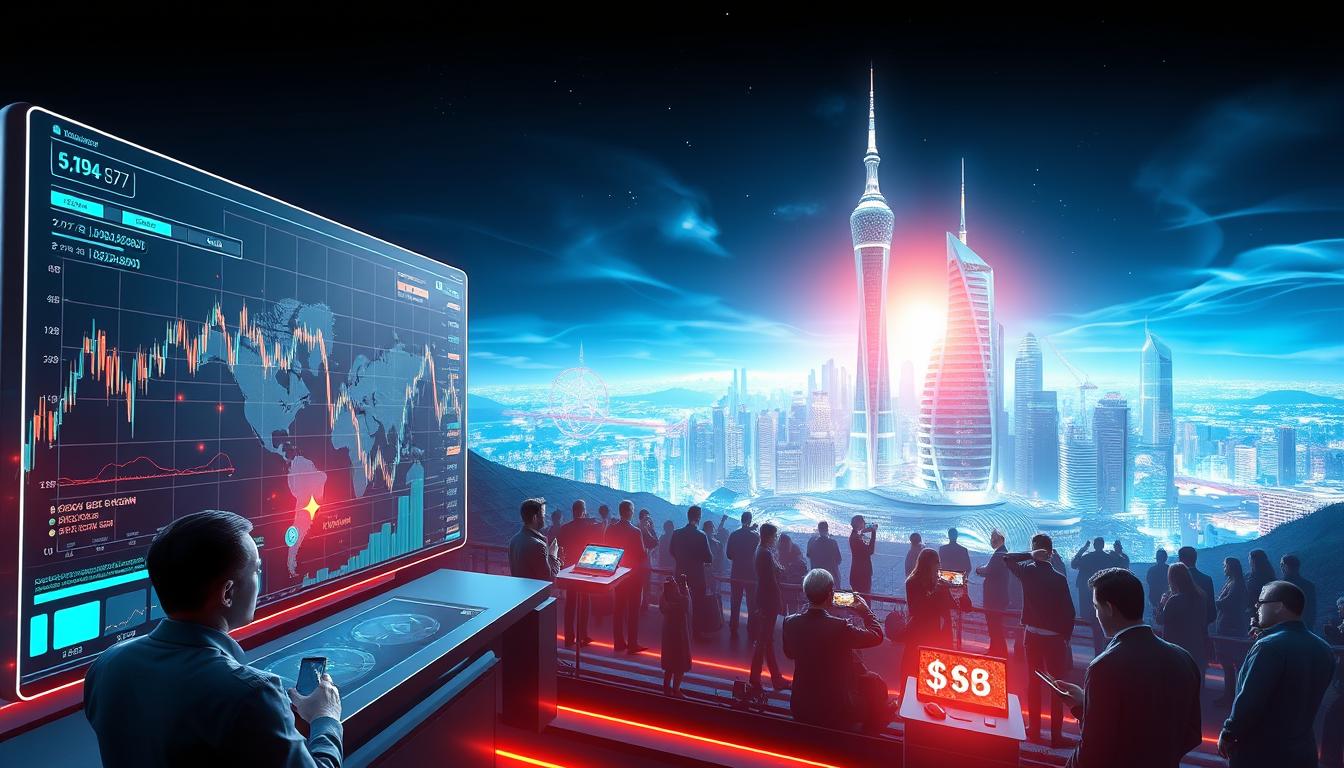 A vibrant, futuristic landscape depicting the world of cryptocurrency investment. In the foreground, a sleek, high-tech display showcases a fluctuating cryptocurrency chart, with data visualizations and holographic elements. The middle ground features a diverse array of investors and traders, each engaged in intense market analysis, their faces illuminated by the glow of digital screens. In the background, a towering cityscape of gleaming skyscrapers and advanced infrastructure symbolizes the global reach and influence of the cryptocurrency ecosystem. The scene is bathed in a cool, metallic color palette, with strategic lighting that casts dramatic shadows and highlights the technological sophistication of the environment. The overall atmosphere conveys a sense of excitement, innovation, and the boundless potential of cryptocurrency as a transformative investment opportunity.