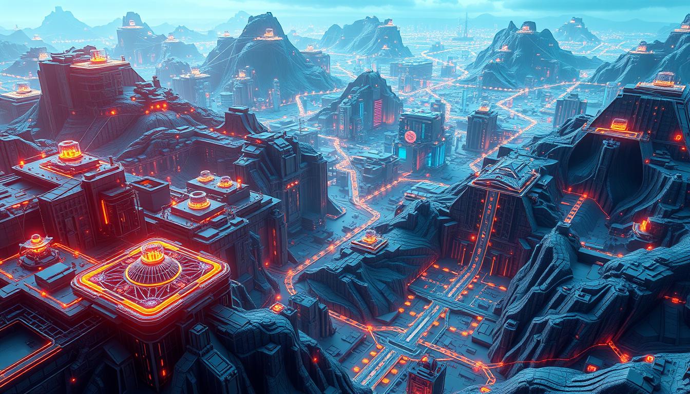 Intricate digital landscape depicting the core features of cryptocurrency technology. Detailed foreground showcases advanced blockchain architecture, secure cryptographic protocols, and decentralized network infrastructure. Middle ground highlights advanced trading tools, smart contract functionality, and digital wallet interfaces. Distant background depicts a vibrant array of digital currencies, their price fluctuations, and technical specifications. Rendered in a sleek, futuristic style with cool tones, metallic accents, and geometric patterns to convey the innovative, high-tech nature of cryptocurrencies.