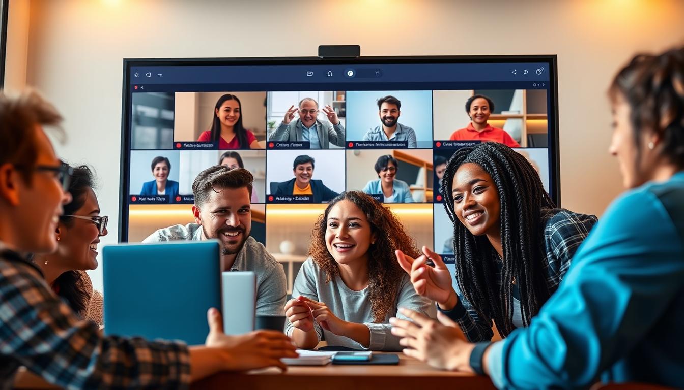 A vibrant, interactive online learning scene with a group of diverse students engaged in lively discussions. A warm, natural lighting illuminates the virtual classroom setting, with a clean, modern interface showcasing shared screens and video feeds. The students' faces convey a sense of collaboration and intellectual curiosity, as they lean in, gesticulating animatedly. In the background, an abstract, geometric pattern adds depth and a touch of minimalist elegance. The overall atmosphere is one of dynamic, connected learning, capturing the social and networking aspects of the online experience.