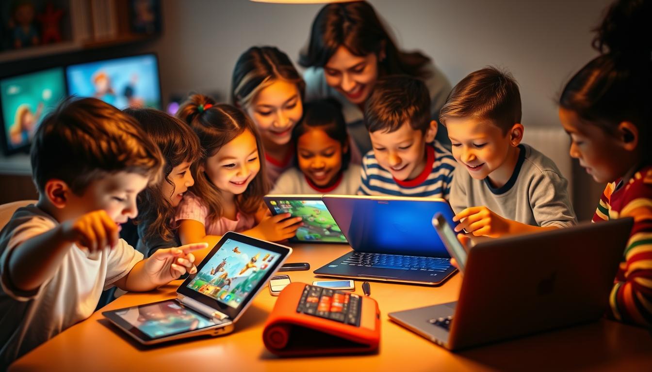 A group of diverse children sitting around a table, engaged in a variety of online games on their tablets and laptops. The scene is bathed in warm, soft lighting, creating a cozy and inviting atmosphere. In the foreground, a young boy enthusiastically points at his screen, while a girl next to him giggles at her own game. In the middle ground, two siblings collaborate on a strategy game, their faces lit by the glow of their devices. In the background, a parent or teacher observes the group, ensuring a safe and nurturing learning environment. The overall mood is one of joy, curiosity, and educational exploration.