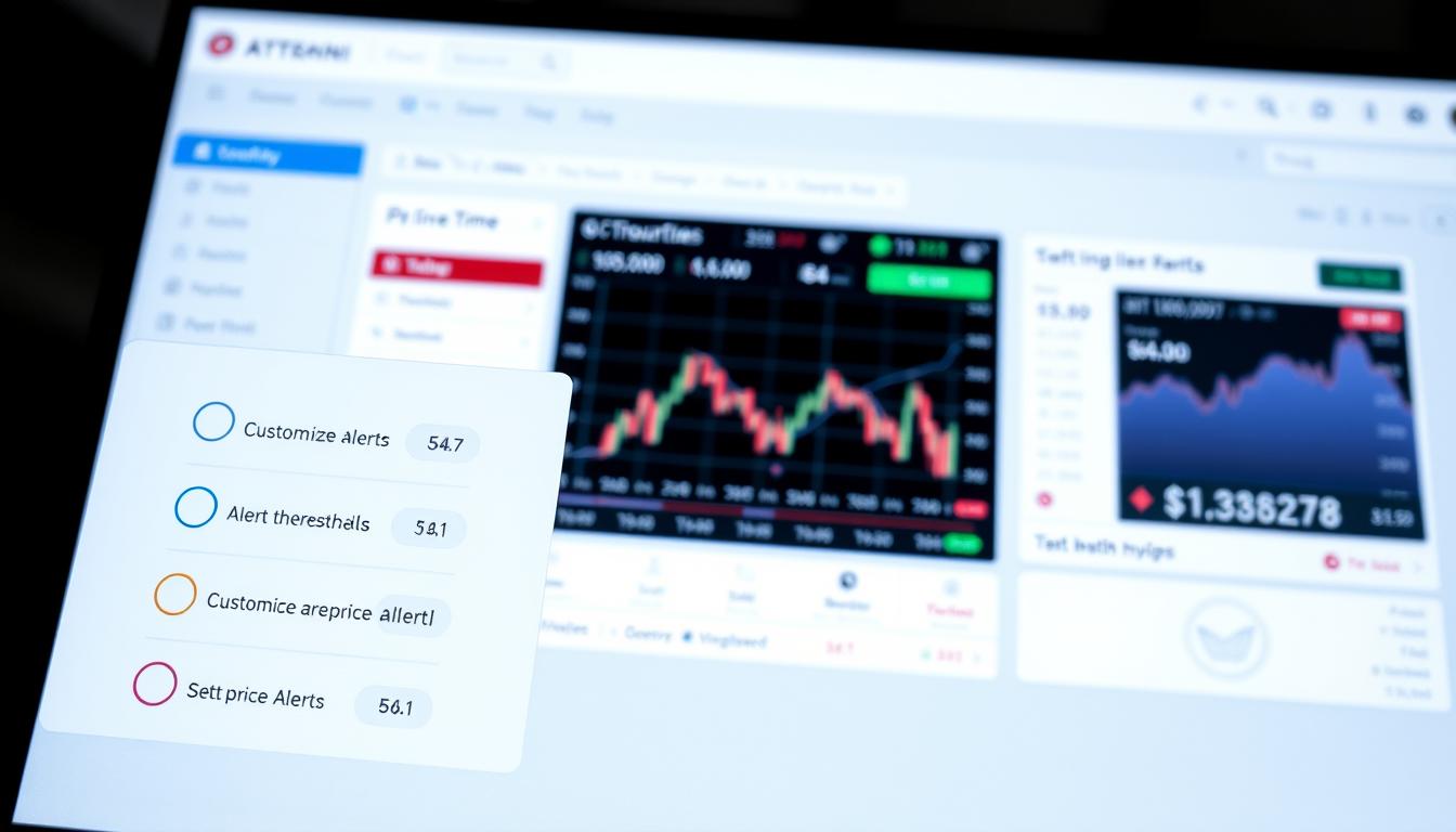 A digital display showcasing a cryptocurrency price tracking interface. In the foreground, a series of customizable alert thresholds are prominently featured, allowing the user to easily set price alerts for their preferred cryptocurrencies. The middle ground depicts a sleek, minimalist dashboard with real-time price graphs and market data visualizations. The background features a subtle blockchain-inspired grid pattern, conveying a sense of technological sophistication. The lighting is clean and direct, highlighting the crisp, high-resolution display. The overall mood is one of precision, control, and actionable insights for savvy cryptocurrency traders.