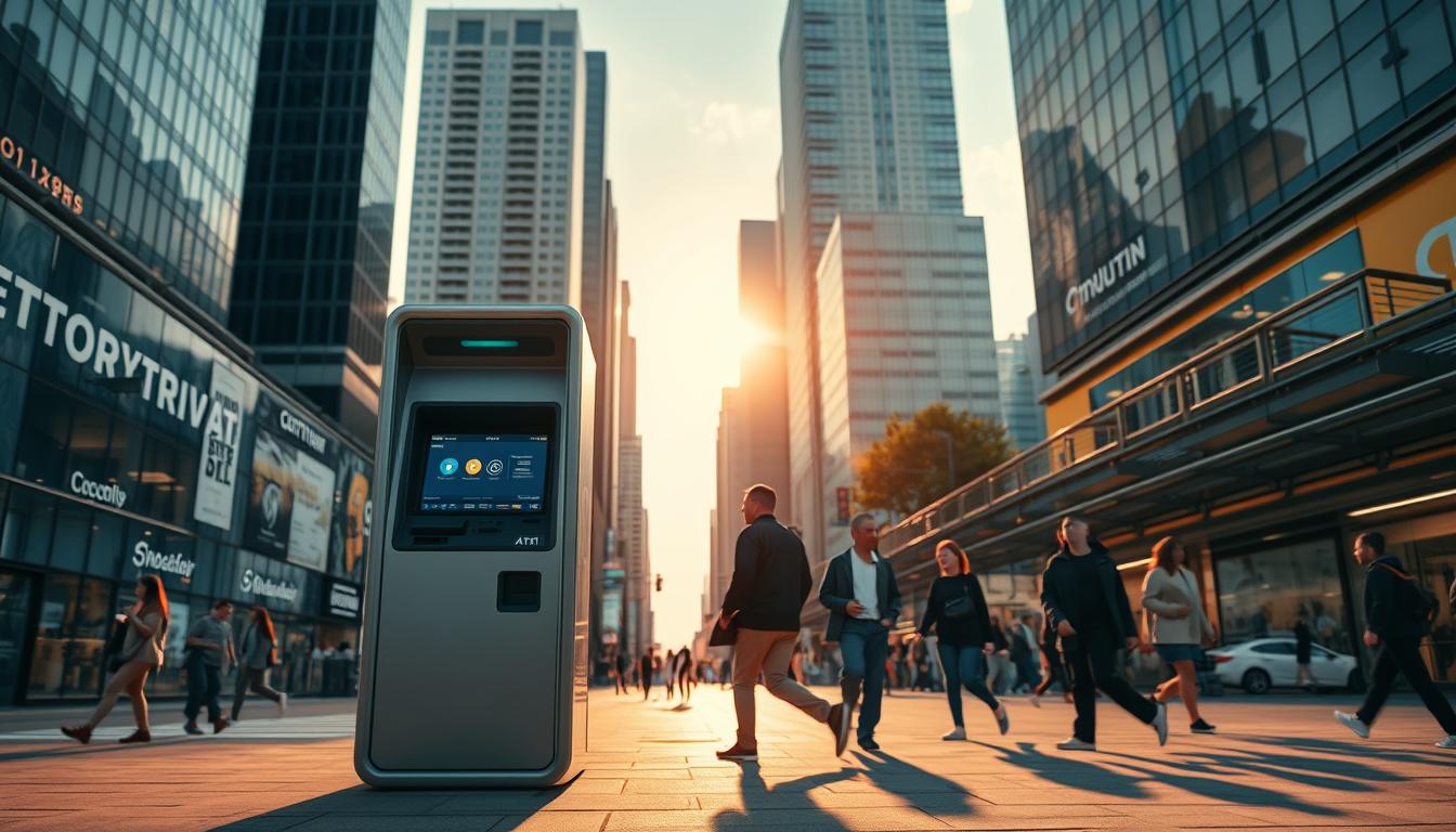 A modern cryptocurrency ATM situated in a bustling urban setting, captured from a mid-level perspective. The ATM stands prominently in the foreground, its sleek, futuristic design highlighted by warm, directional lighting that casts dramatic shadows. In the middle ground, pedestrians move through the frame, conveying a sense of activity and purpose. The background is filled with a mix of contemporary high-rise buildings and city infrastructure, creating a dynamic, metropolitan atmosphere. The overall scene reflects the growing integration of digital currencies into everyday life, with the ATM serving as a focal point for this technological and financial evolution.