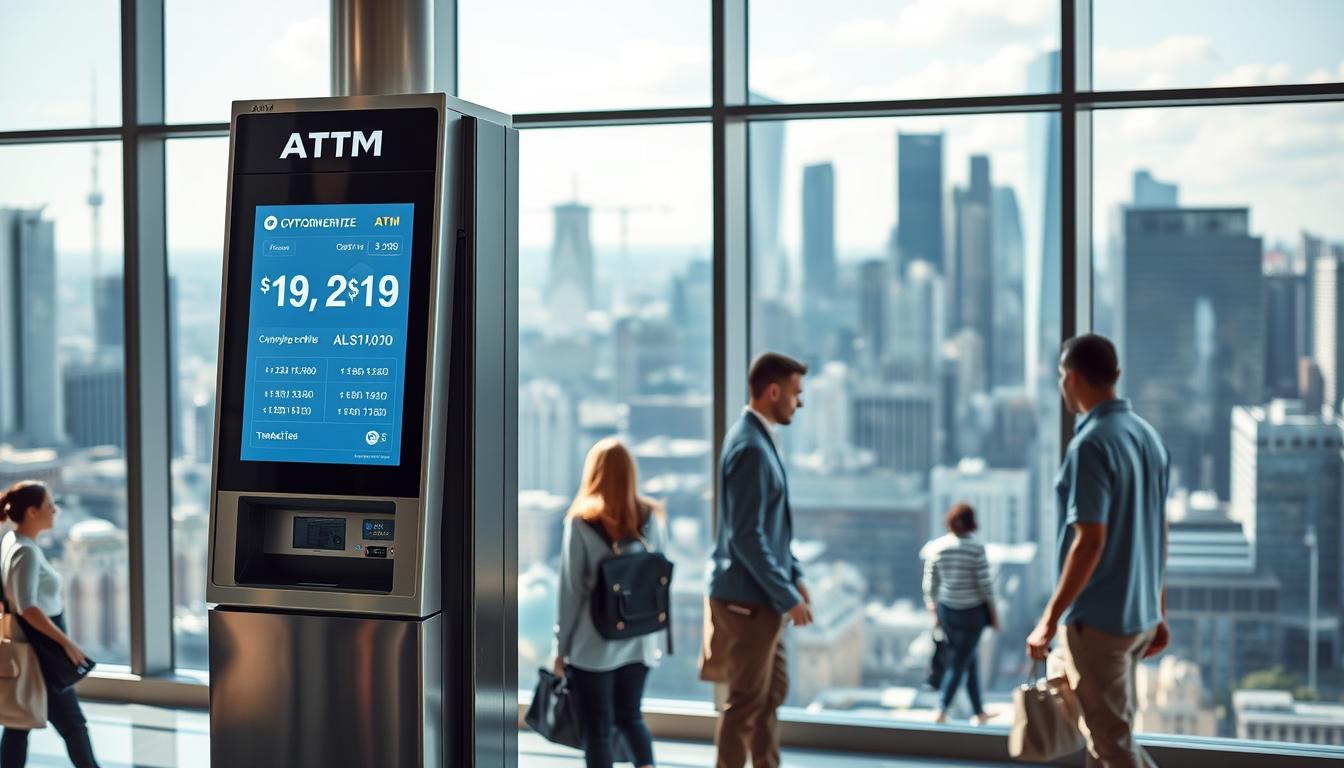 A sleek, modern cryptocurrency ATM set against a backdrop of a bustling urban landscape. The ATM stands prominently in the foreground, its digital display showcasing the current exchange rates and transaction fees in crisp, clear typography. The ATM's metallic casing reflects the natural light streaming in through large windows, creating a sense of transparency and accessibility. In the middle ground, people of diverse backgrounds approach the ATM, engrossed in their transactions, while the background is filled with the hustle and bustle of a thriving city skyline, conveying the integration of cryptocurrency into everyday financial life. The overall scene exudes a sense of convenience, efficiency, and the evolving nature of digital finance.
