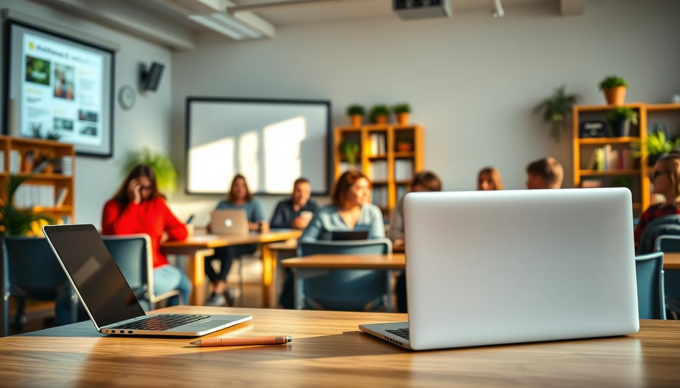 A serene, sunlit classroom with a focus on online learning. In the foreground, a sleek laptop and tablet sit on a wooden table, surrounded by stationery. In the middle ground, students engage in lively discussions, their faces illuminated by the glow of their devices. The background features a large projection screen displaying course materials, with bookshelves and potted plants creating a cozy, intellectually stimulating atmosphere. The lighting is warm and natural, creating a sense of productivity and inspiration. Soft shadows and depth of field draw the viewer's attention to the central elements of the scene.
