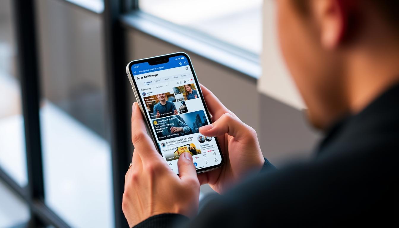 Generate an image of a person using the Business Ads Manager mobile app on their smartphone to manage advertising campaigns.