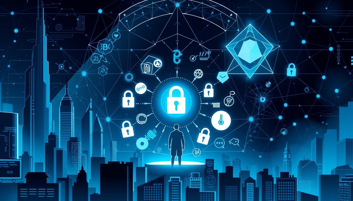 a detailed digital illustration of the concept of cryptocurrency privacy and security. the foreground depicts a futuristic cityscape with towering skyscrapers and advanced technology, hinting at the modern, digital nature of cryptocurrency. in the middle ground, a central figure representing a cryptocurrency user is surrounded by various security symbols and icons, such as locks, encryption keys, and blockchain nodes, conveying the importance of privacy and protection in the crypto ecosystem. the background features a mysterious, abstract geometric pattern representing the complex, interconnected nature of the blockchain network. the overall scene is bathed in a cool, monochromatic color palette with dramatic lighting, creating a sense of high-tech sophistication and the gravity of the subject matter.