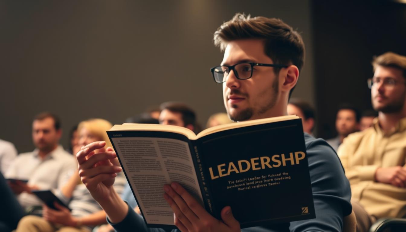 Image of a person reading a book or attending a leadership seminar
