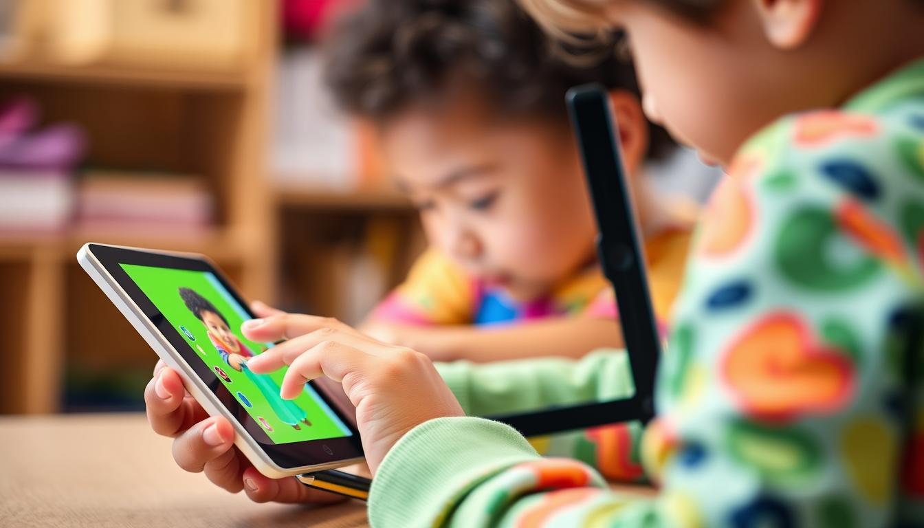 Generate an image of a student using Seesaw on a tablet