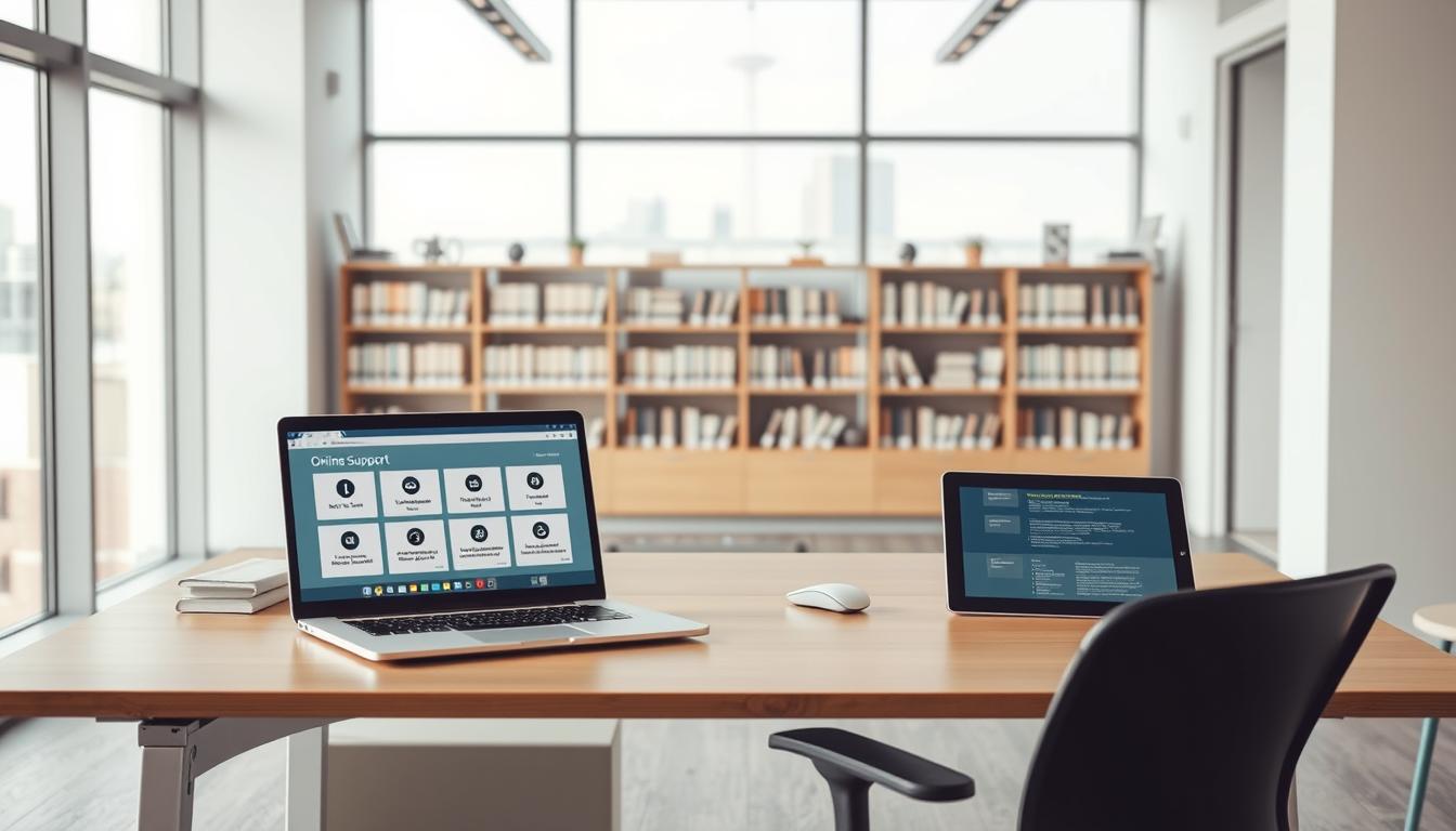 A spacious, well-lit office interior with a large desk and ergonomic chair. On the desk, a modern laptop and a tablet, both displaying various online support options and guides. In the background, shelves filled with reference materials and a large window overlooking a cityscape. Soft, natural lighting illuminates the scene, creating a calm and inviting atmosphere. The overall composition conveys a sense of productivity and accessibility, encouraging the viewer to explore the available online support resources.