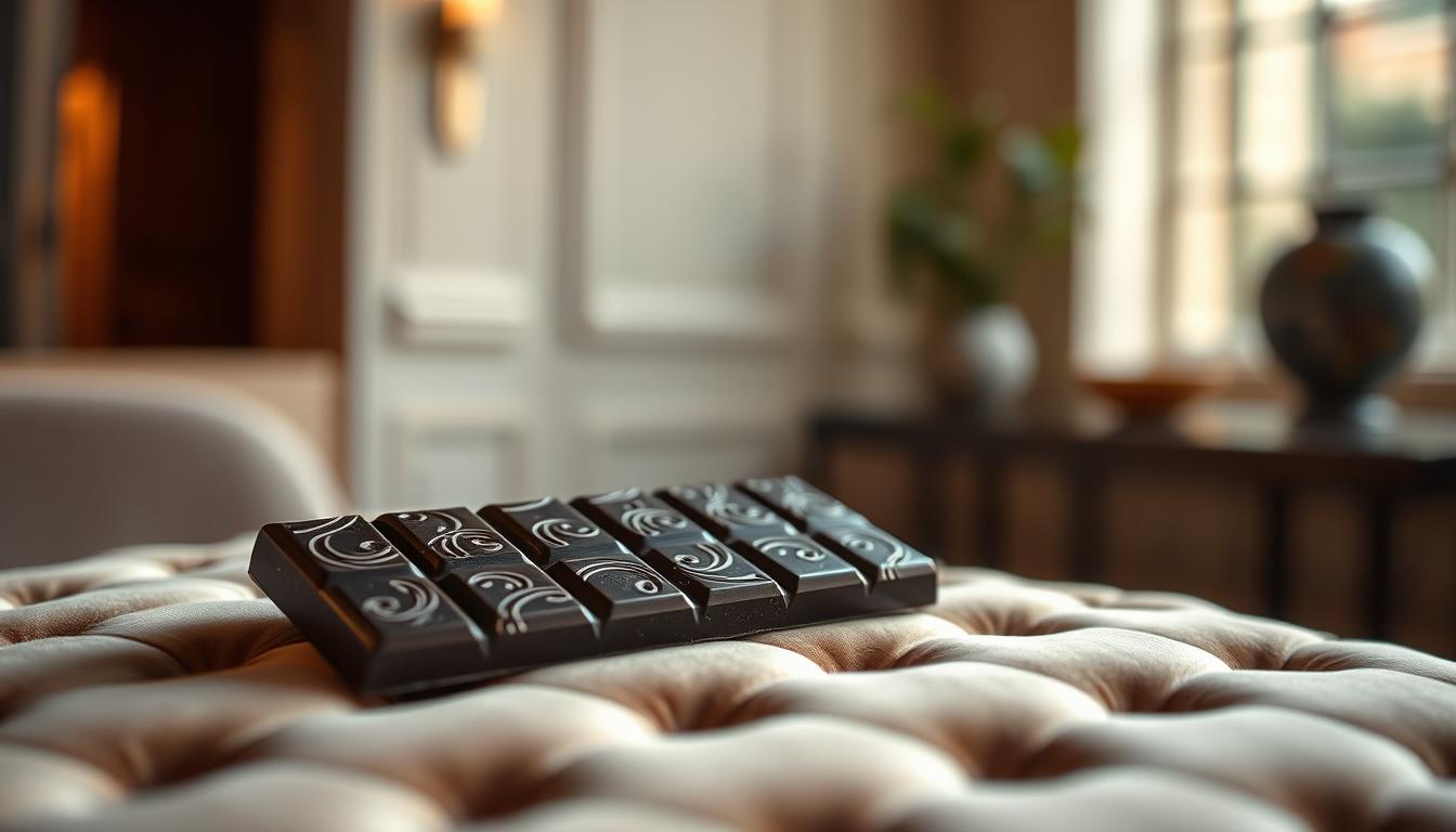 A luscious dark chocolate bar rests on a velvety, tufted surface, its rich hues and intricate patterns conveying an air of opulence. Soft, warm lighting casts a gentle glow, highlighting the glossy sheen of the chocolate and the subtle veining of the surface. In the background, a minimalist, elegant setting with muted tones and clean lines creates a sophisticated, high-end ambiance, perfectly complementing the luxurious chocolate centerpiece. Shallow depth of field blurs the surroundings, drawing the viewer's full attention to the indulgent, artisanal chocolate, a decadent and sensory experience.