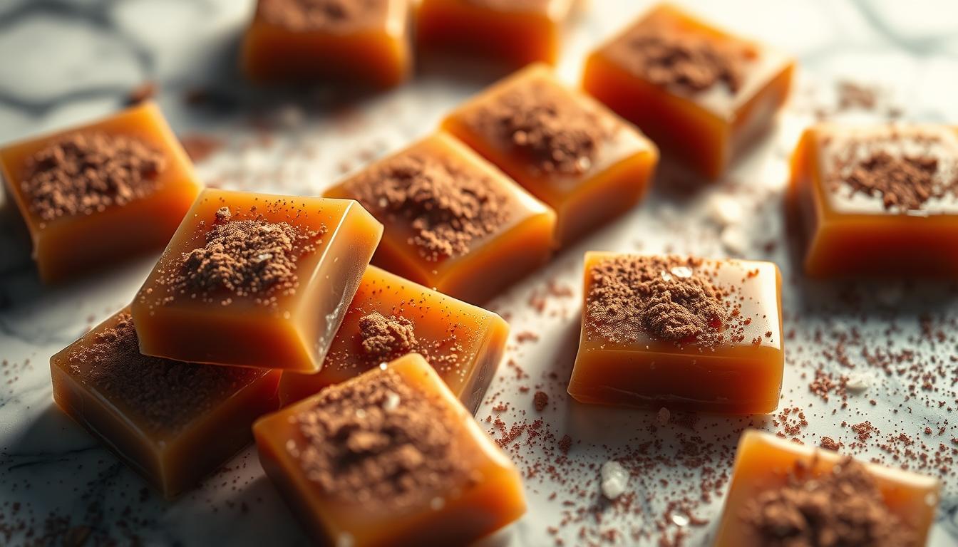 A close-up shot of gourmet caramel candies dusted with a light layer of rich cocoa powder, arranged artfully on a marble surface. The candies have a glossy, golden-brown exterior, with a hint of coarse sea salt visible. Soft, ambient lighting creates a warm, inviting atmosphere, casting gentle shadows and highlights that accentuate the confections' luxurious textures. The scene conveys a sense of indulgence and sophisticated flavor pairings, perfect for showcasing the section on &quot;Gourmet Caramel Candies Enhanced with Cocoa&quot;.