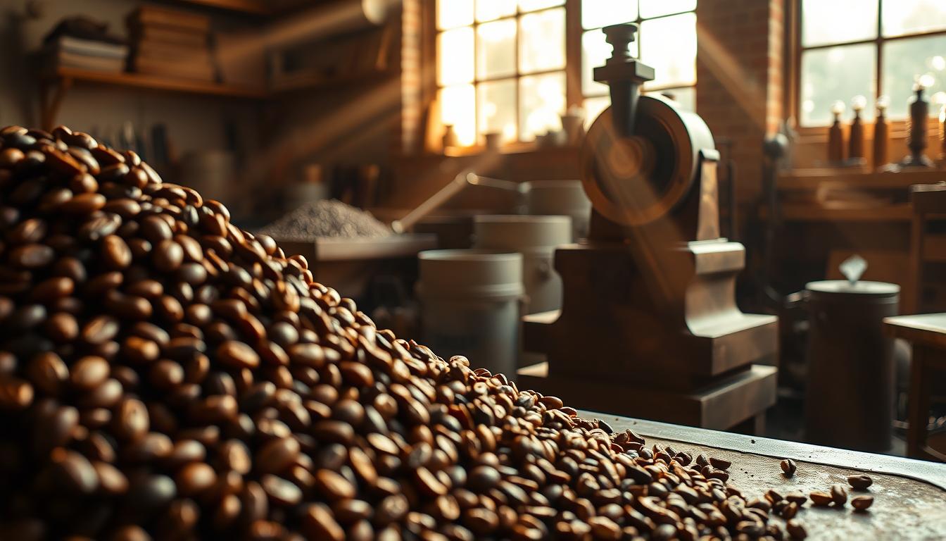 A close-up shot of a bean-to-bar chocolate making process. In the foreground, a pile of cacao beans is being carefully sorted and roasted, their rich aroma filling the air. In the middle ground, a traditional stone grinder meticulously grinds the roasted beans into a smooth, velvety chocolate liquor. Beams of warm, golden light from a large window illuminate the scene, casting a cozy, artisanal atmosphere. In the background, various tools and equipment used in the chocolate-making craft are neatly arranged, hinting at the meticulous attention to detail that goes into each batch. The overall mood is one of craftsmanship, passion, and the celebration of the cacao bean's journey from plant to indulgent chocolate.