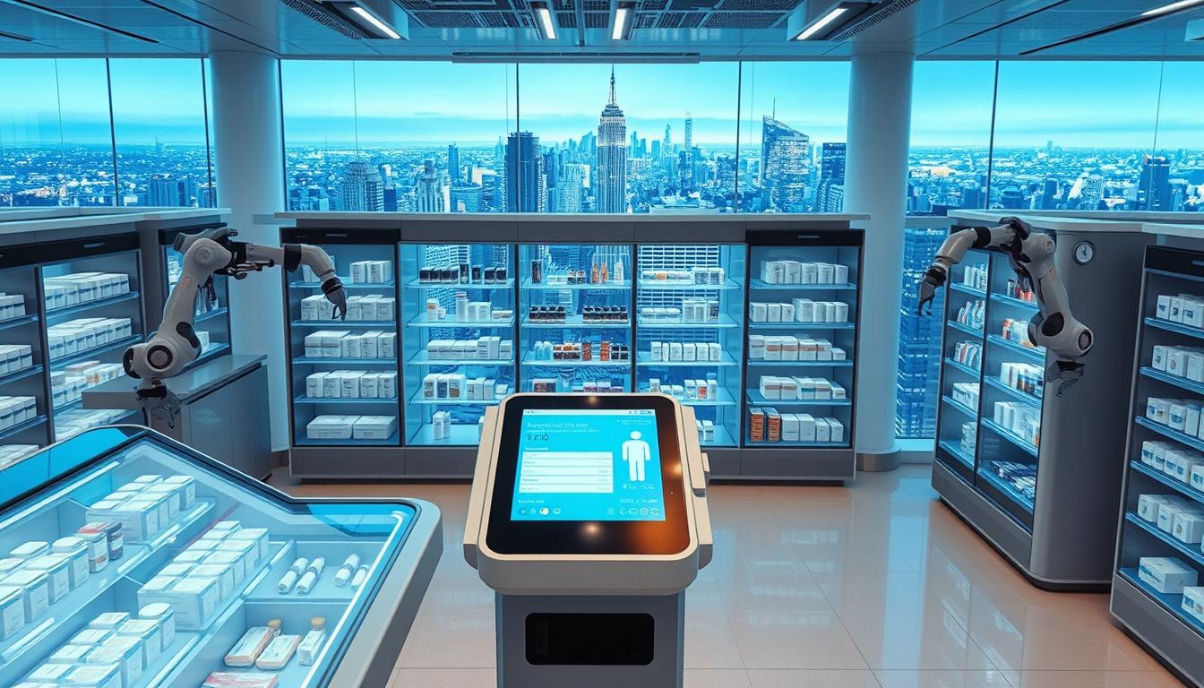 A futuristic digital pharmacy interior with sleek touchscreen interfaces, automated pill dispensers, and holographic product displays. The foreground features a central kiosk with an intuitive touchscreen interface, surrounded by futuristic robotic arms carefully packaging and labeling medications. In the middle ground, transparent shelves showcase a variety of pharmaceutical products, bathed in an ethereal blue-white lighting. The background depicts a panoramic view of a bustling city skyline, symbolizing the integration of e-pharmacy innovations into the urban landscape. The scene conveys a sense of technological progress, efficiency, and a seamless patient experience in modern medication management.