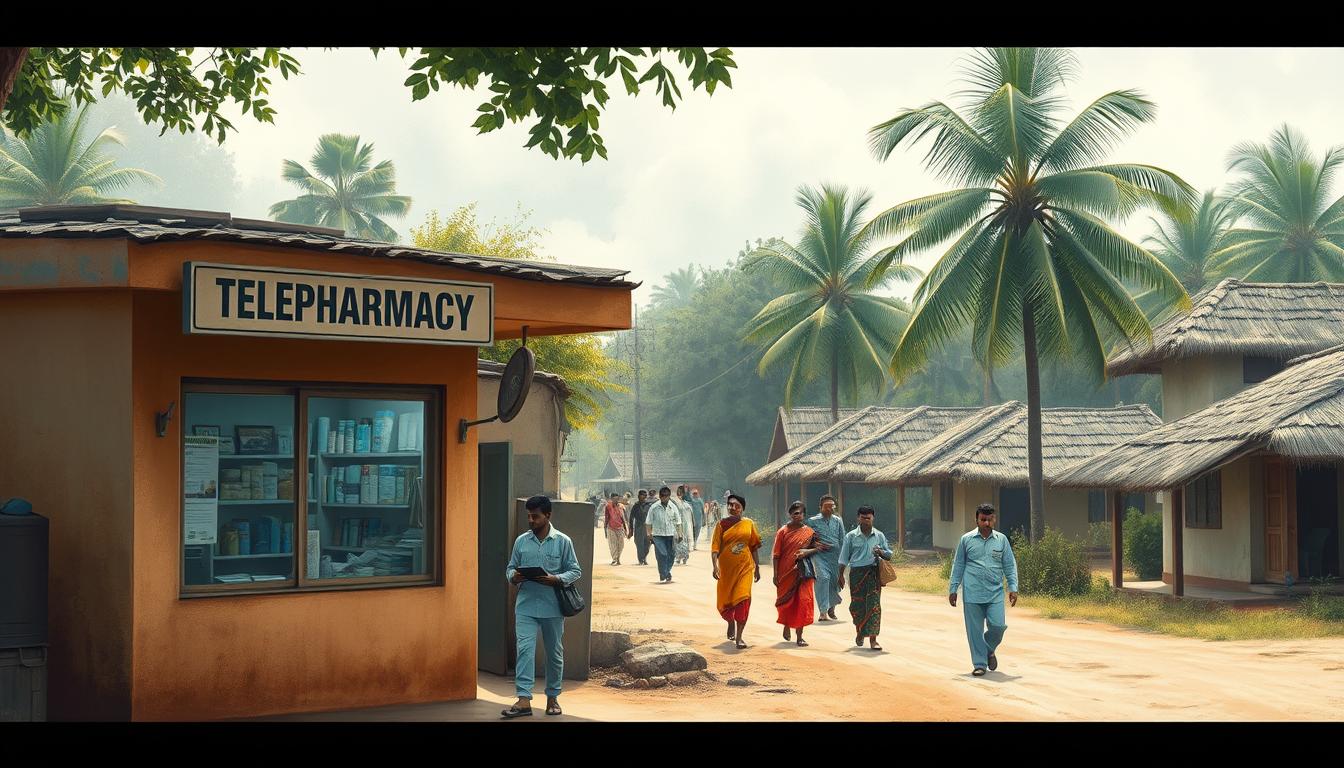 A rural Indian village street, with a small pharmacy storefront in the foreground. The building has a warm, earthy facade and a modest sign indicating "Telepharmacy Services". A pharmacy technician stands behind the counter, a tablet in hand, consulting with a patient over a video call. In the middle ground, villagers walk by, some carrying parcels. The background is filled with lush greenery, palm trees, and traditional thatched-roof homes. Soft, diffused natural lighting creates a serene, contemplative atmosphere, underscoring the importance of remote healthcare access in this underserved community.