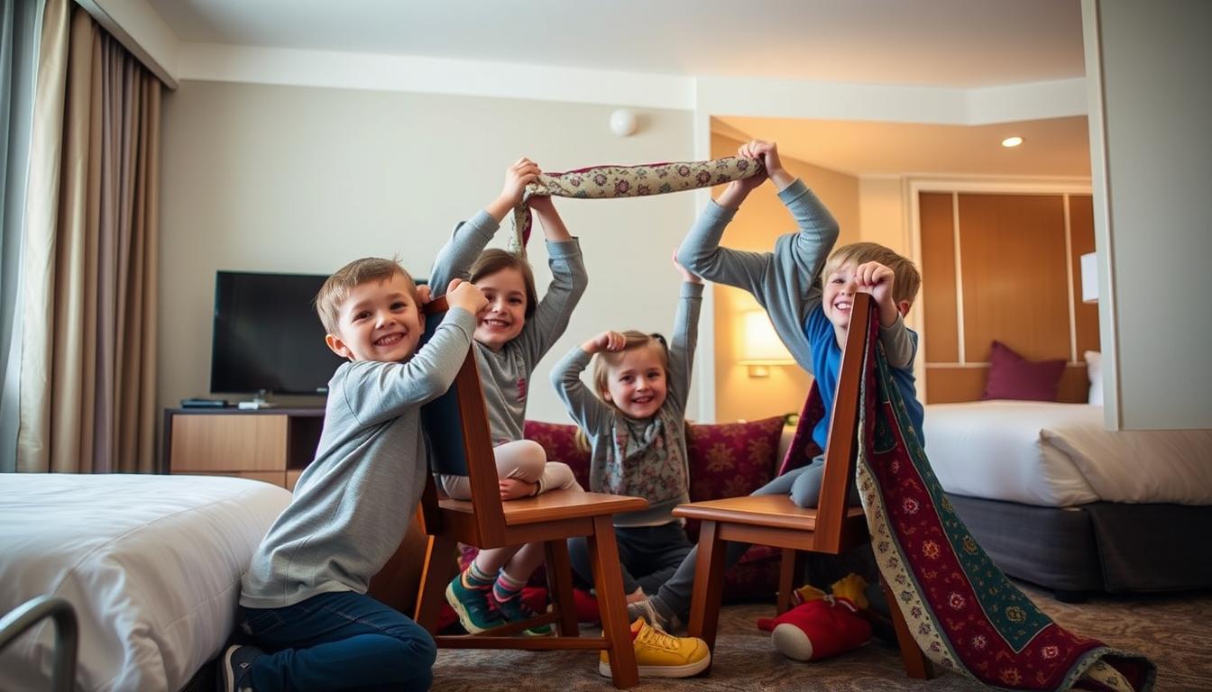Kinder bauen eine Höhle mit einer Reisedecke im Hotelzimmer