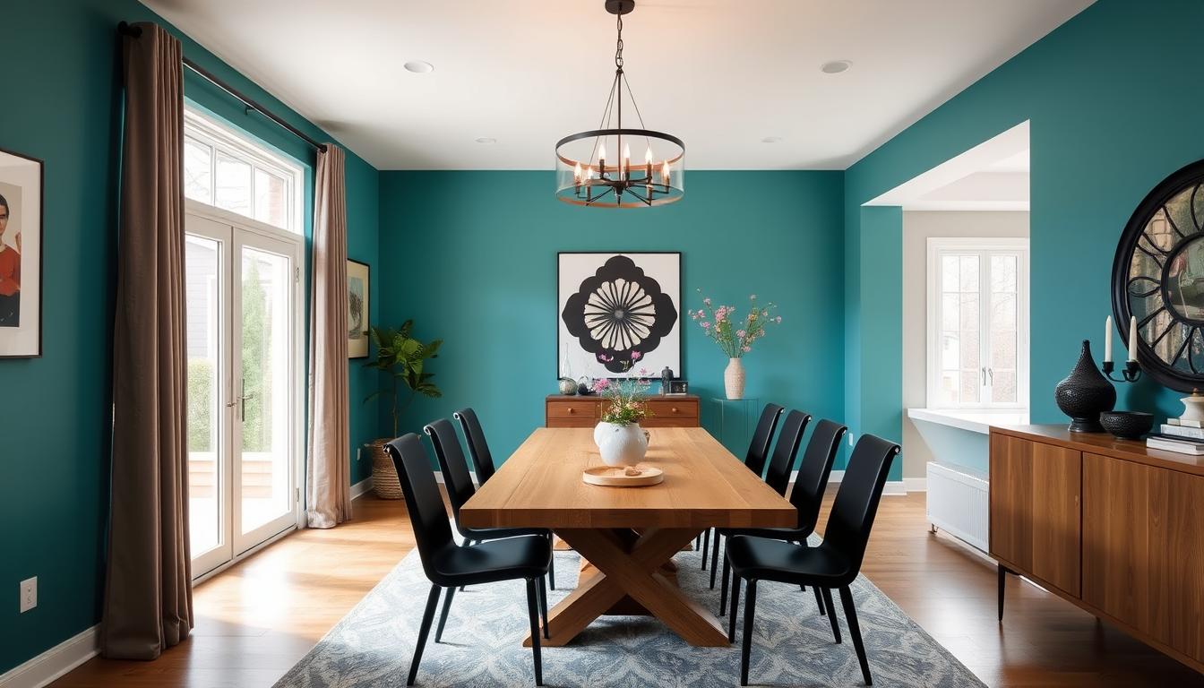 Modern dining room with bold color accent wall